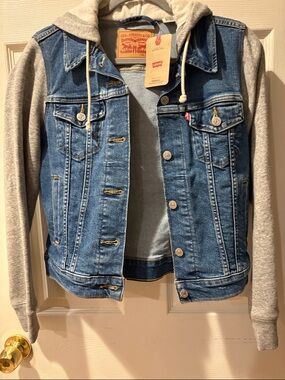 Levi's Blue Denim Jacket with Light Gray Hoodie and Sleeves